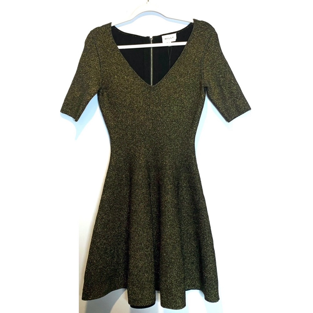 Milly Metallic Double Knit Dress Bronze Skater Skirt V-neck Gold Black